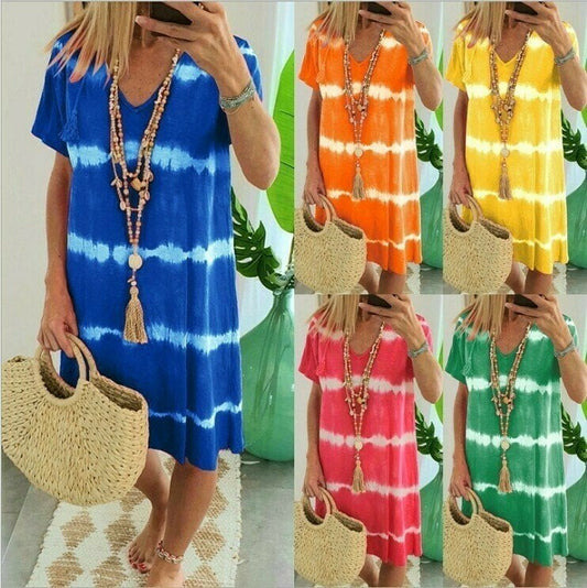 JUST 19.99 ,Tie-dye Striped Short-sleeved Loose T-shirt Dress