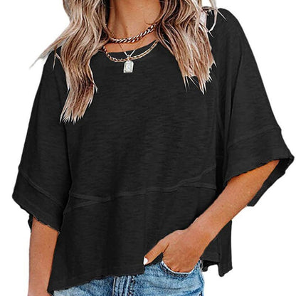 💐 LIMITED-TIME 50% OFF! ✨Women's Solid Color Splicing Loose Five Points Flare Sleeve T-Shirt